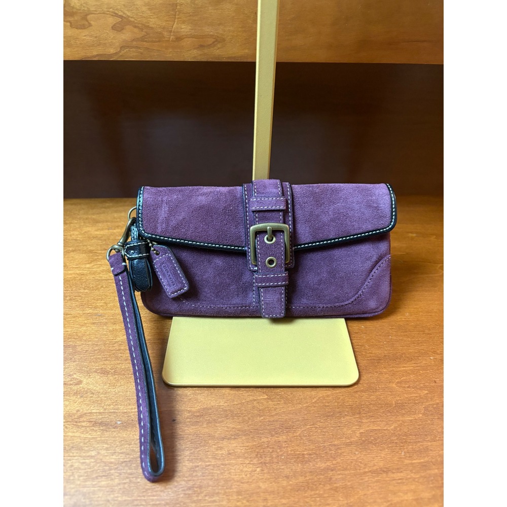 Coach Rare Plum Purple Suede Buckle Flap‎ Wristlet Clutch With Strap